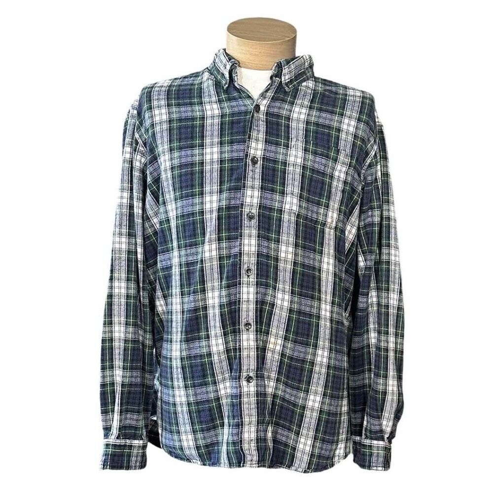L.L.Bean blue and green repaired plaid flannel button-up shirt